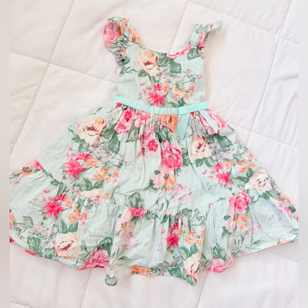Zunie Floral Ruffle Dress in Pink and Green